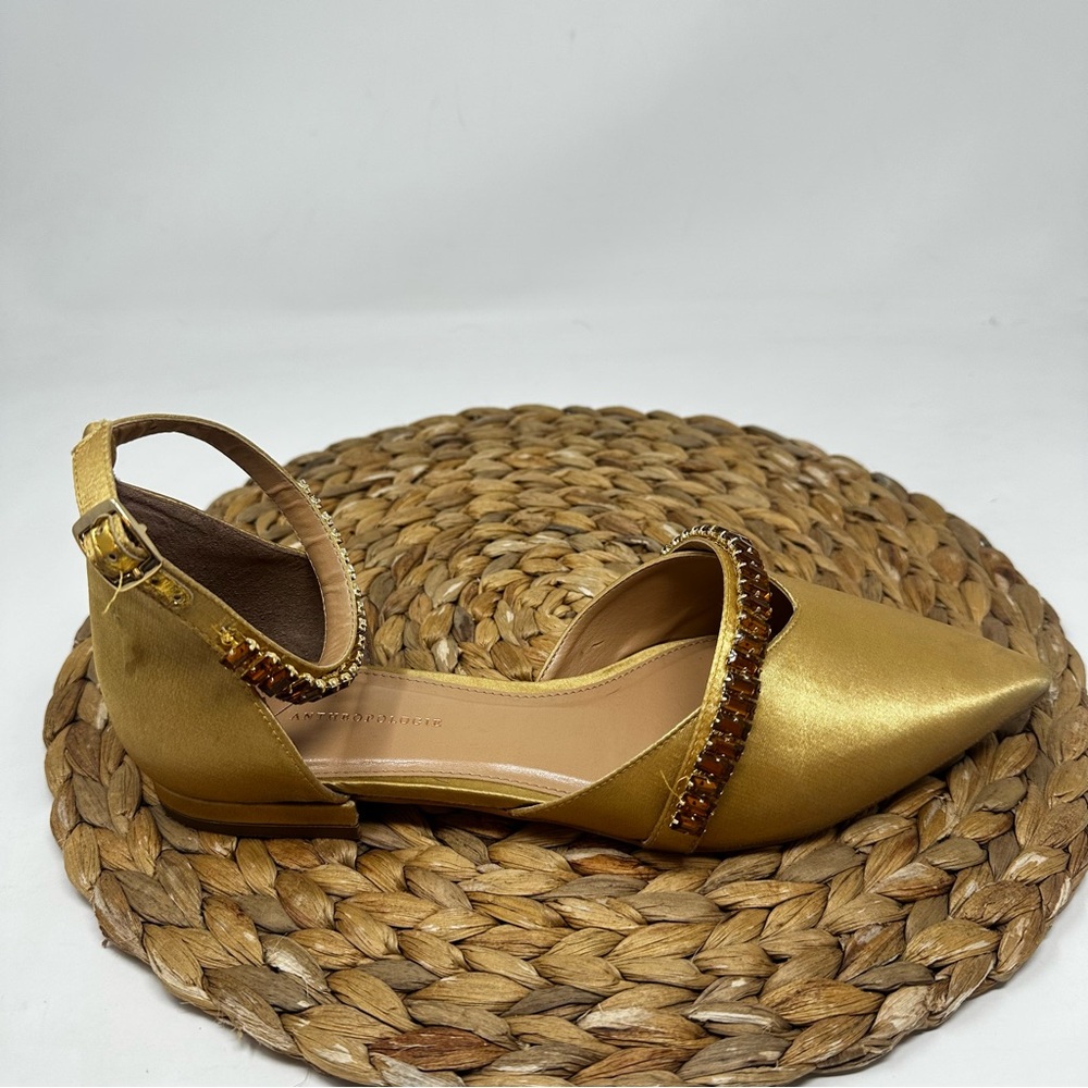 Anthropologie Satin Pointed Toe Embellished Slingback Gold Flats Size 41 Women's